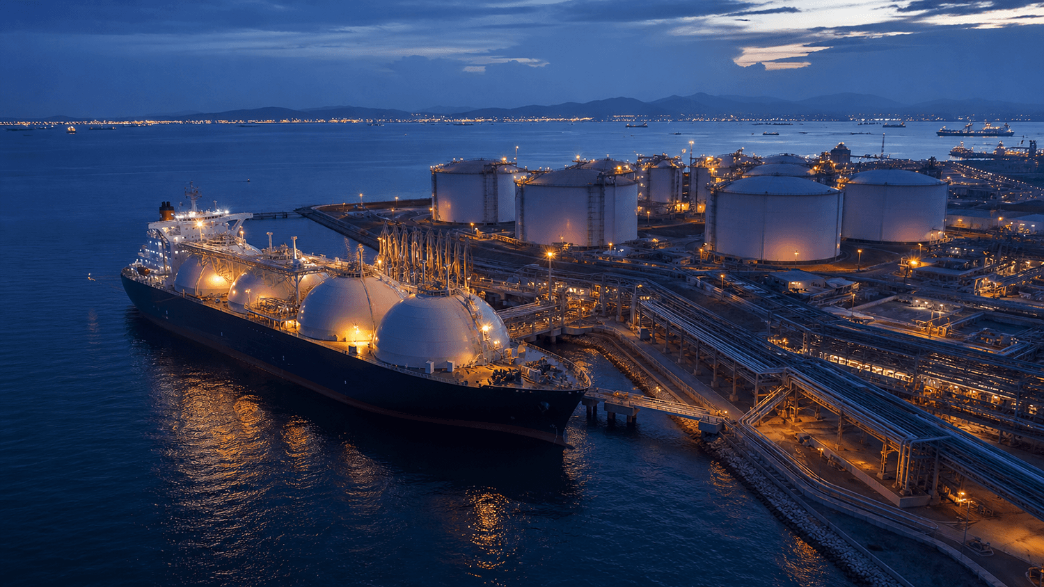 LNG carrier moored beside storage tanks and loading infrastructure at a coastal terminal