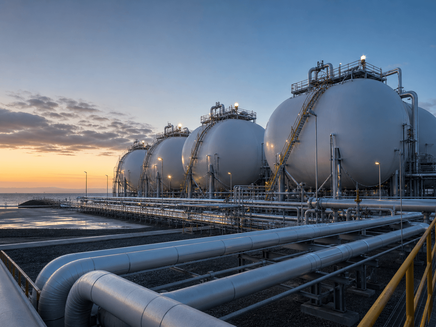 Cryogenic natural gas storage tanks and transfer pipework at dawn